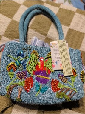 Hand-Beaded Blue Floral Women's Tote Handcrafted In India
